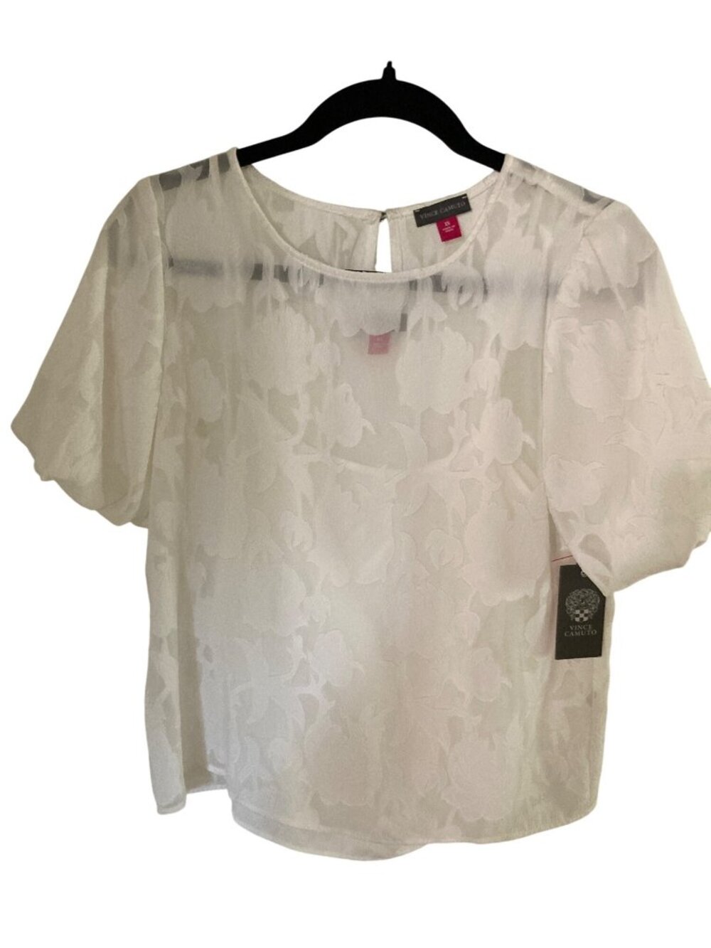 Vince Camuto True Blue White Ivory Rounded Neck  Blouse Puff  Short Sleeves  NWT